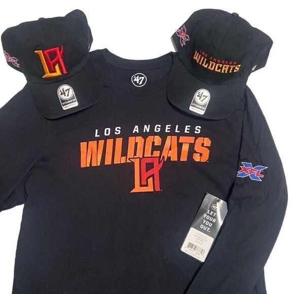 NWT XFL UFL Los Angeles Wildcats Bundle of Men’s Large Long Sleeve Shirt 2 Hats - Picture 1 of 16